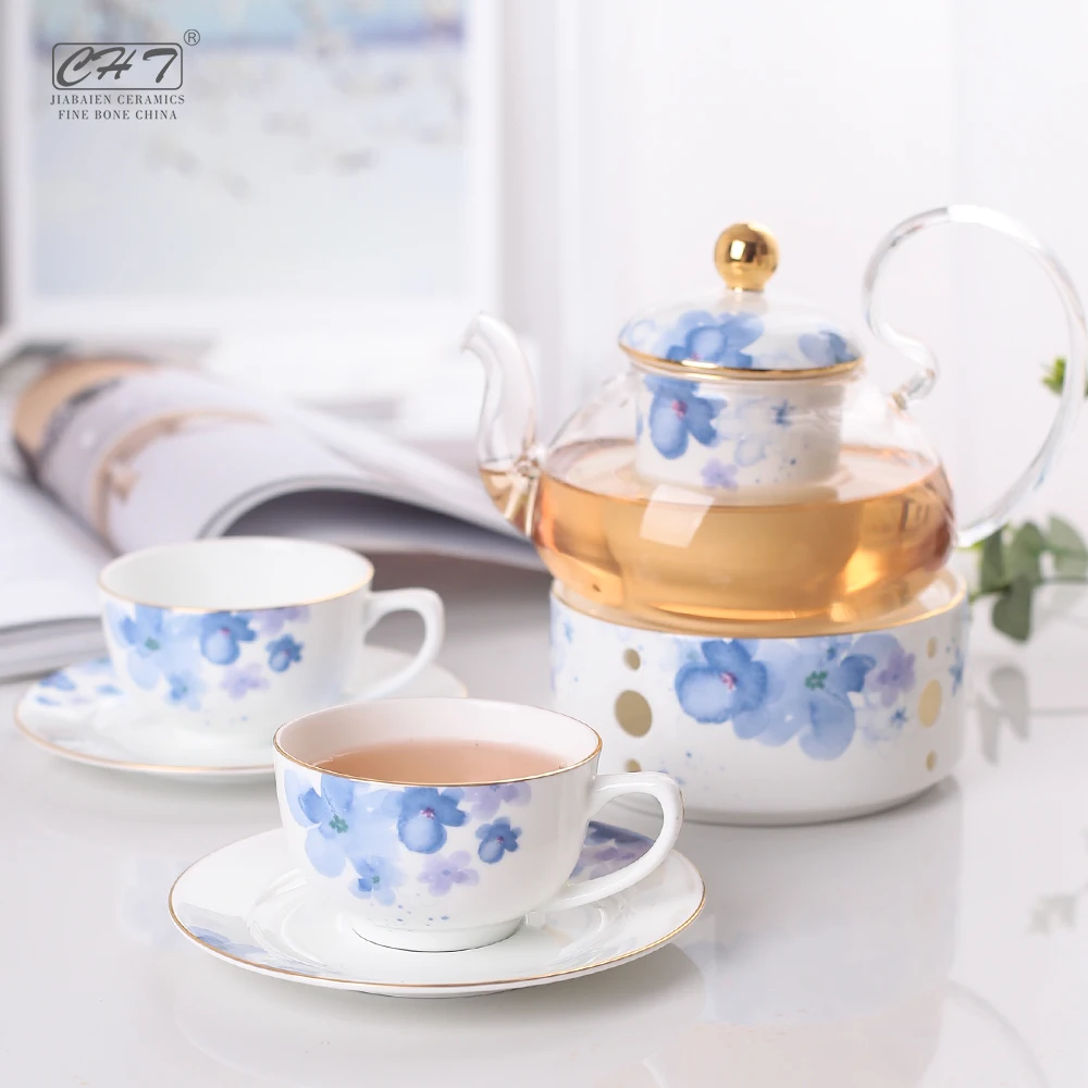 elegant decal antique bone china white ceramic gold porcelain pakistan tea tasting set tea coffee cup set with glass teapot set