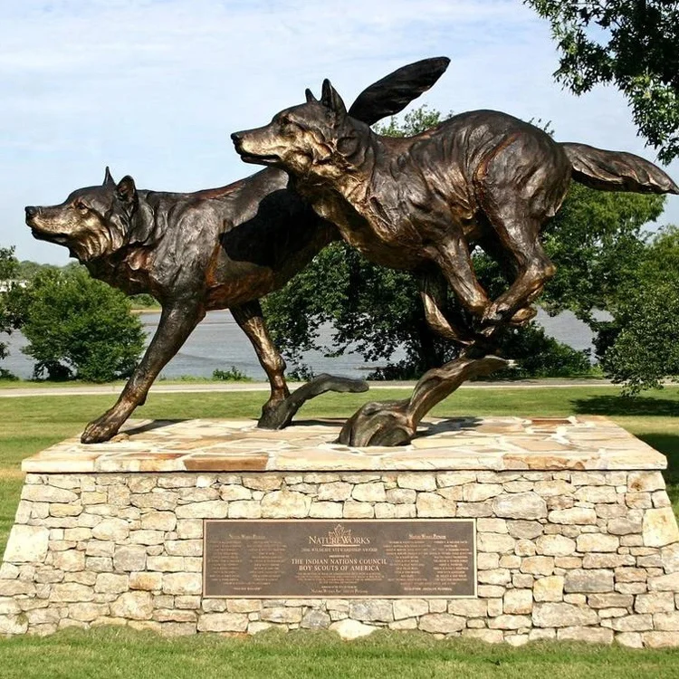 
Garden Decoration Metal Craft Statue Two Life SIze Bronze Wolf Dog Sculpture 