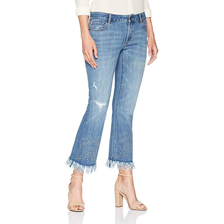 Popular Skinny Jeans Women Boot Cut Raw Edge Ripped Tassel Hem Style High Waist Jeans Women Casual Women Flare Jeans Pants Style