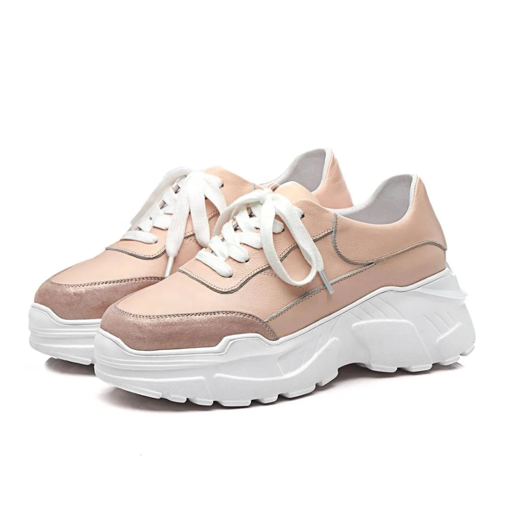 
MANRINO-0376 Unit Thick Sole Sports Shoes Lace Up Leopard Print Suede Upper Girls Fashion Sneakers 