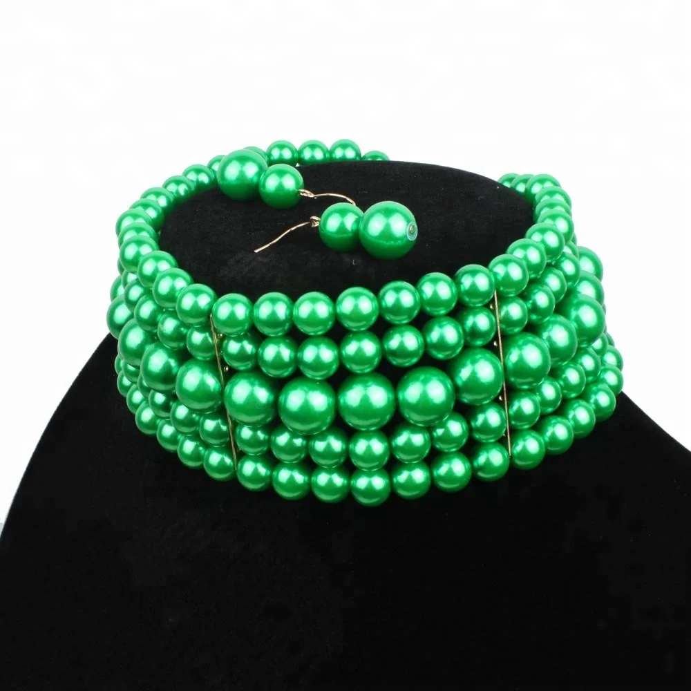 High Quality Green Pearl Choker Necklace and Earring Set Vintage Multi-Layer Jewelry for Wedding Party Engagement or Gift