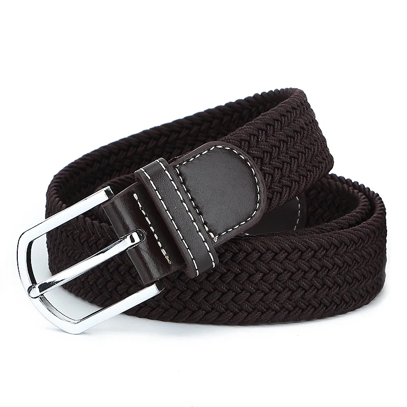 Unisex Canvas alloy buckle  Woven Men Elastic Stretch Waist Belt with  genuine leather end