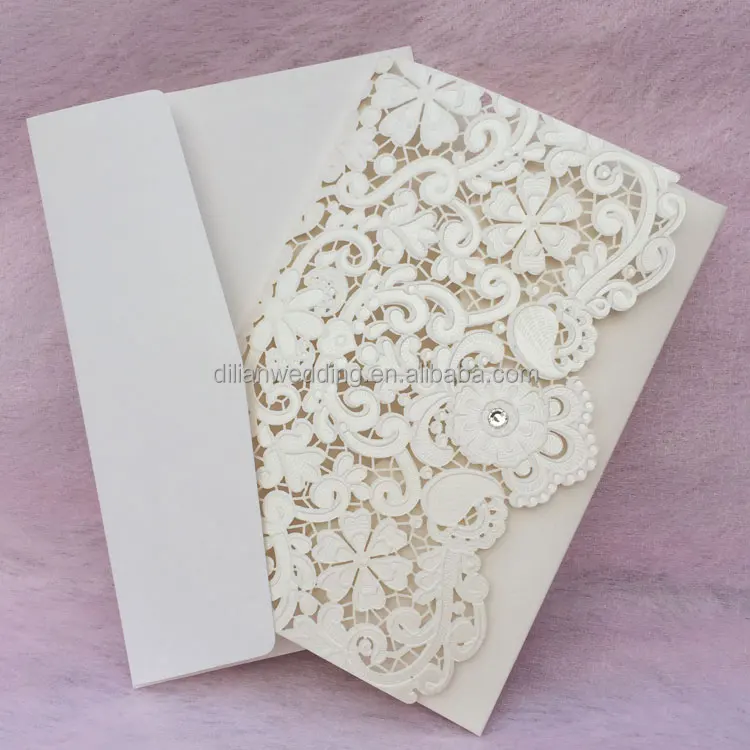 
Classic Ivory Pearl Light paper Emobossing and Laser Cut Lace Wedding Invitation 