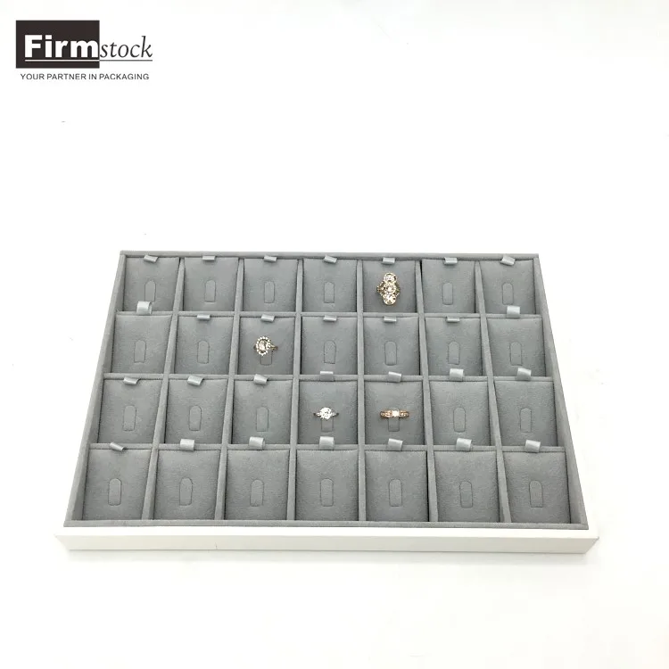 Customized 28 grid removable ring  display grey velvet jewelry tray for rings wooden MDF jewelry display tray