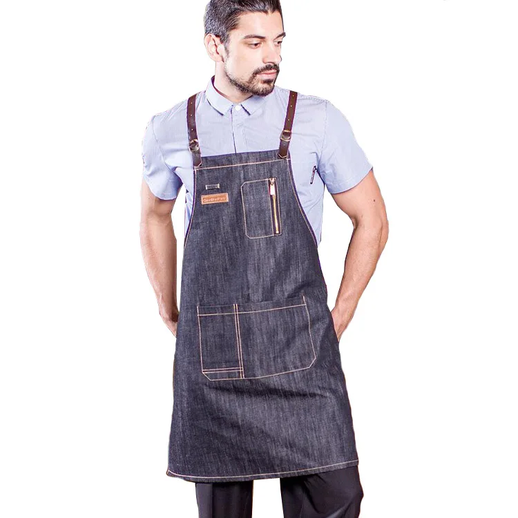 high quality bbq denim barber chef apron with genuine leather Straps
