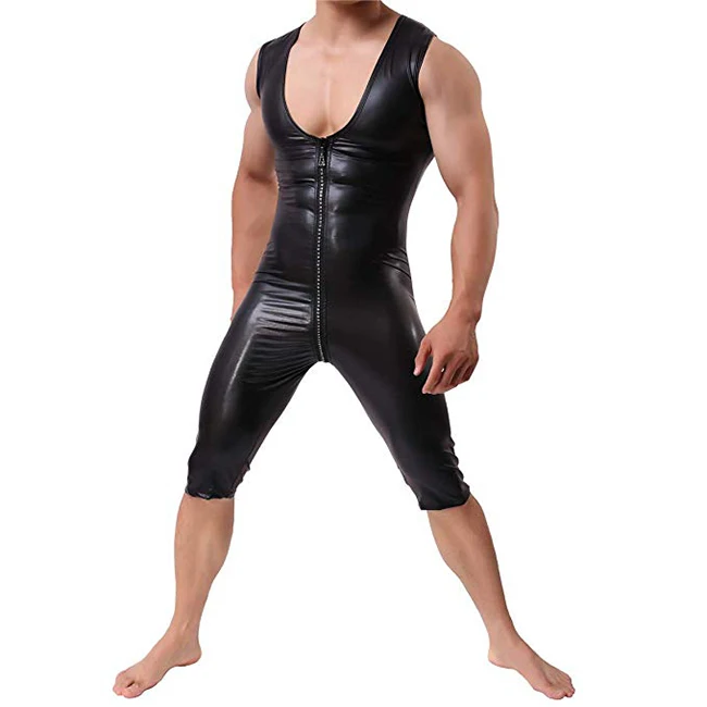 Mens Sexy PVC Leather short sleeves Catsuit Bodysuits Jumpsuit Black male Romper Adult Men
