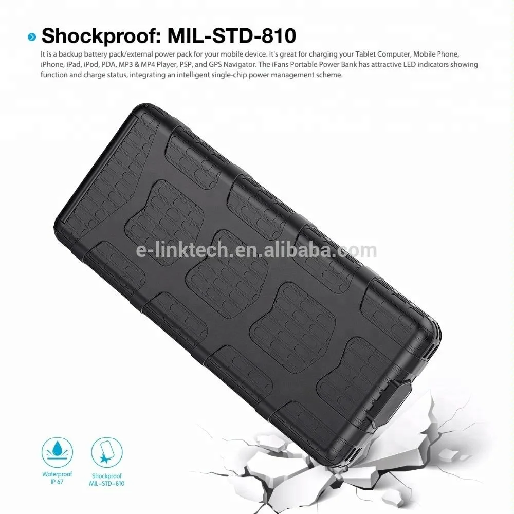 Waterproof IP67 backup disposable mobile charger Power bank with 20000mah battery cell for iphone Galaxy S7/S8