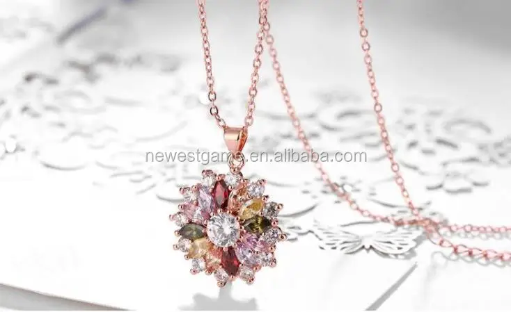 
wholesale retail Hermosa Jewelry Necklace Rose Gold Plated Multi Colored Zircon Flower Pendant free shipping 