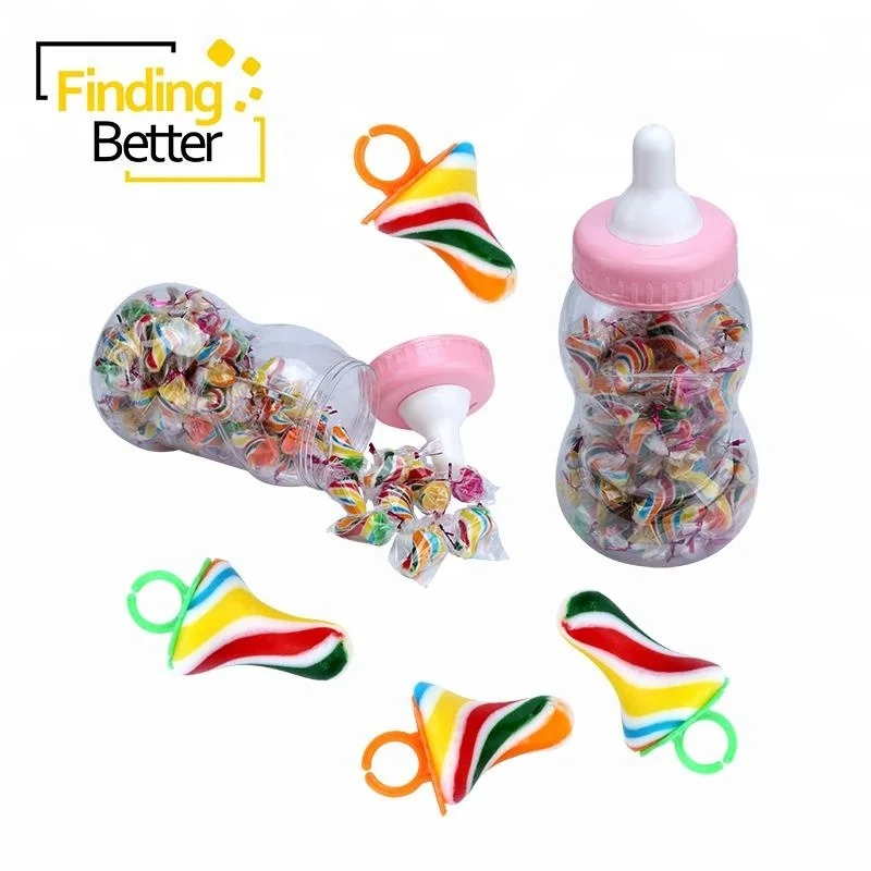 
Shantou Baby Bottle Candy Ring Rainbow Pacifier Candy Fruity Handmade Custom Lollipop Colorful Nipple Lollipop Sweet Hard Candy 