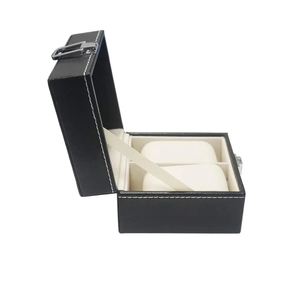
High quality custom made black PU leather wooden watch case 2 slots watch packaging display box 