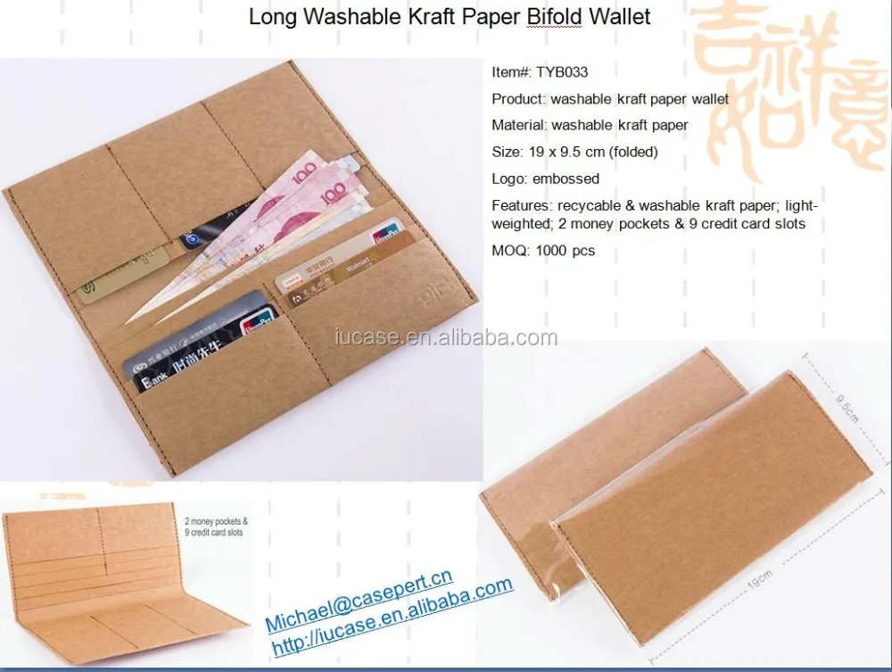 Casepert Slim Bifold Washable Kraft Paper Purse with Zipper Coin Pocket Washable Kraft Paper Wallet