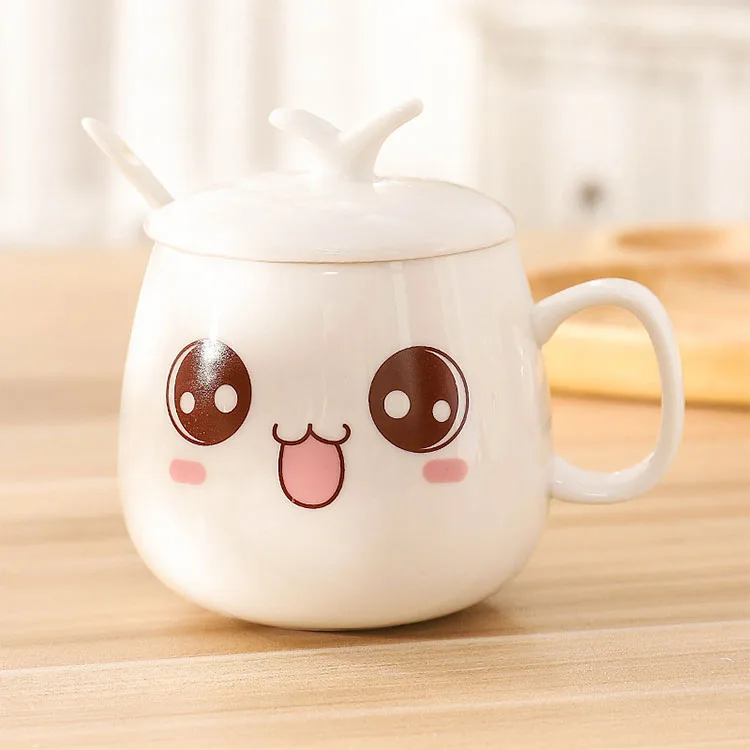 Custom Personalized Cute Expression Cartoon White Ceramic Coffee Mug with Lid Spoon Reusable Coffee Cups