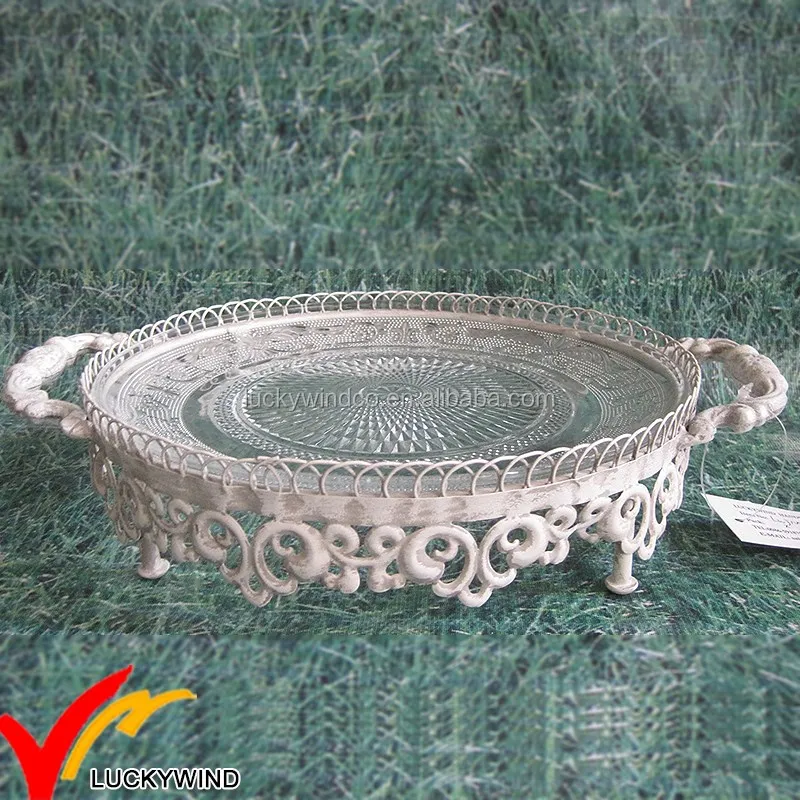 beaded metal gold Shabby Chic Vintage French Antique Cake Stand with glass dome