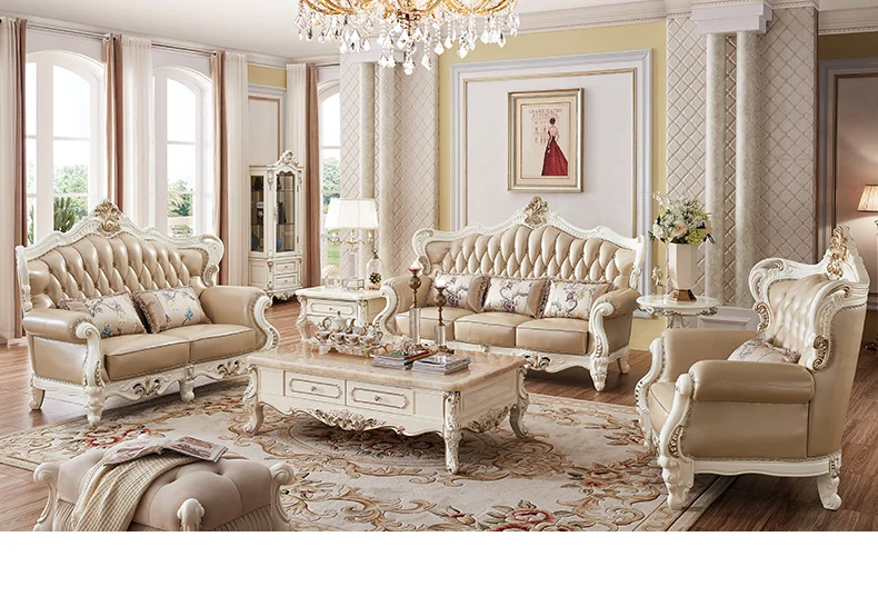 Golden Color Luxury Royal Style Home Furniture Genuine Leather Sofa With Carved Wood