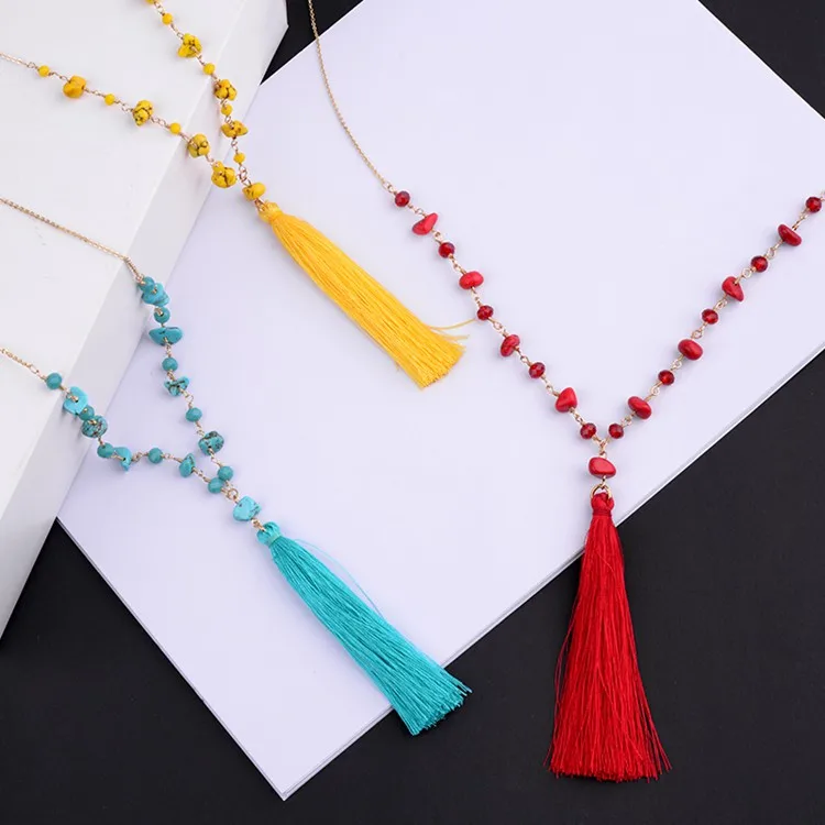 Wholesale Red Yellow Blue Chips Stone Beaded Tassel Necklace