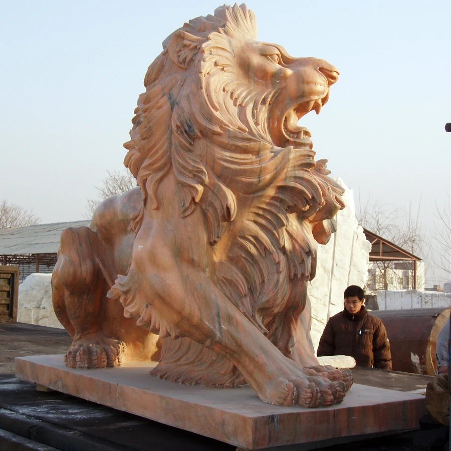 Life size sunset red marble carved garden stone lion sculpture for outdoor gate decoration