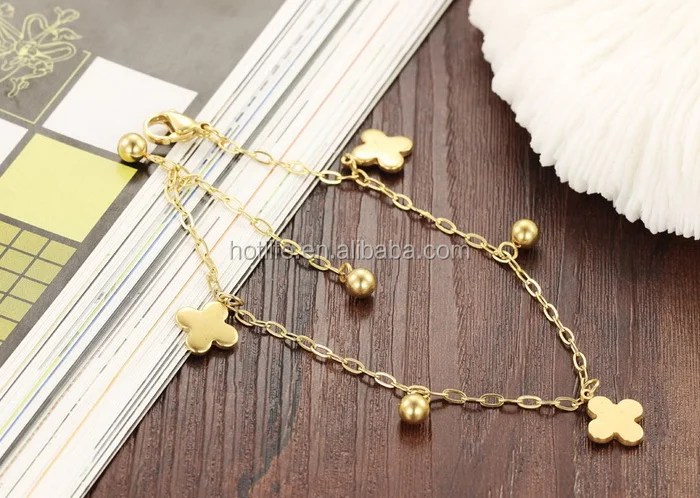18K gold plated jewelry four leaf clover charms foot gold anklets for women
