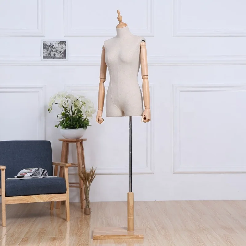 half scale headless fabric covered female dress form linen women mannequin torso with wooden arms