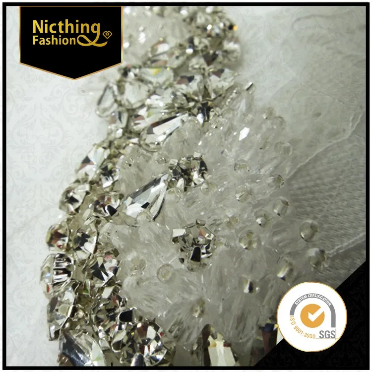 2016 wholesale new design rhinestone and pearl beaded applique ornaments lace trimming rhinestone trim for wedding NRT-065