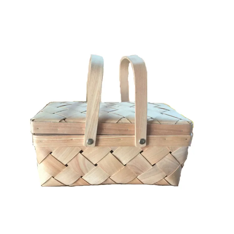 Vintage Picnic Basket Woven Wood Storage Home Decor Rustic wooden baskets with handles