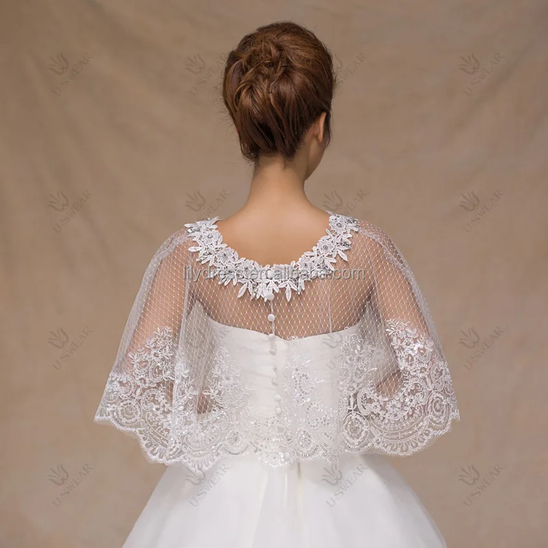 White Lace Round Lace Crystal Neck Brides Cape Bridal Bolero Wedding Jackets Summer Wear PJ1005 Etole Mariage