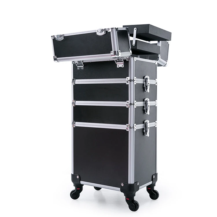 4in1 I Aluminum Cosmetic Makeup Suitcase Train Box Trolley Rolling Makeup Case with 360 Degree Wheels