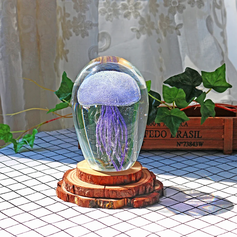 H&D Art Glass Jellyfish with Bubbles sculpture Sea Animal glass Paperweight Glow in the Dark Craft Collection Birthday Gift