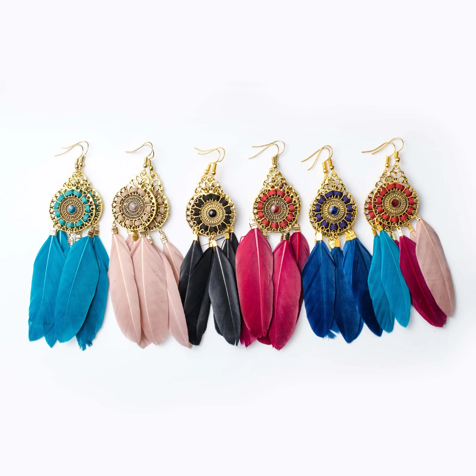 
Cross Border Euro American Retro Tassel Earrings With Bohemian Ethnic Wind Feather Long Earrings 