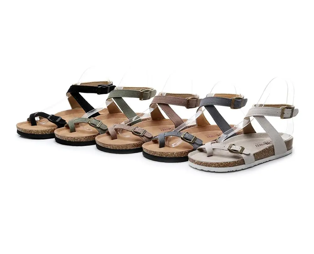 GUOLUOFEI Women Suede Cork Sandals Flat Buckle Casual Ankle Strap Sandals