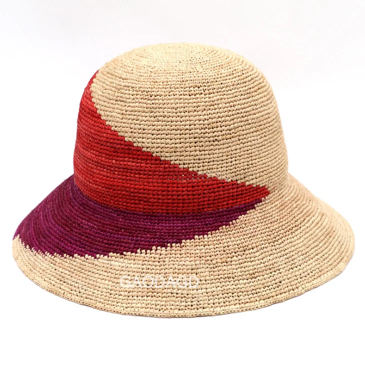 Custom outdoor sun protective raffia straw bucket hat