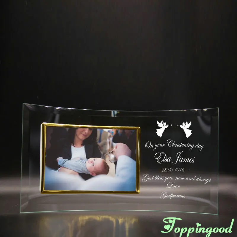 Custom Engrave Glass Baby Photo Frame For Christening Day Souvenir