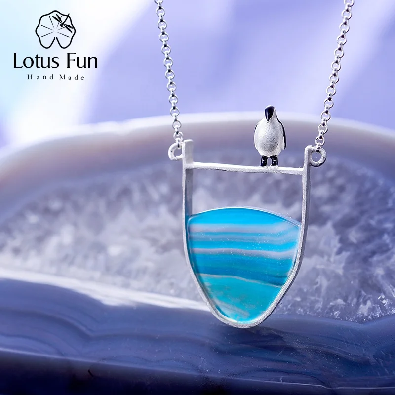 Lotus Fun wholesale Custom natural agate 925 Sterling silver Penguin moon necklace for women Jewelry