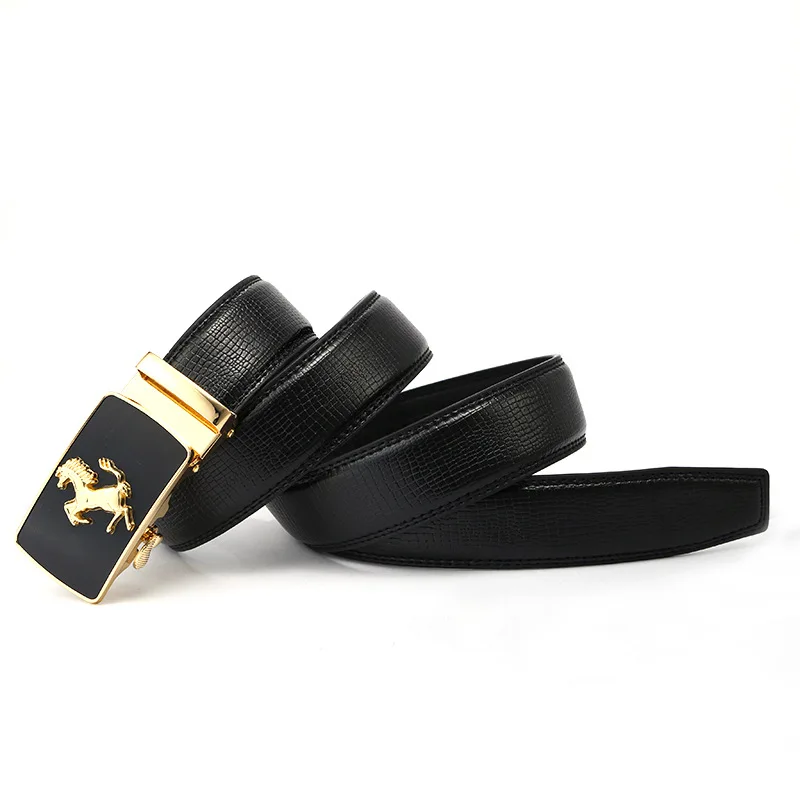 3.5cm width high quality 3D engraved running horse logo easy clip removable automatic buckle custom belt genuine leather