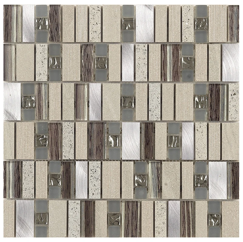 Hot sale Beauty Silver Stainless Steel Random Strip Glass Mosaic Tile For Living Room