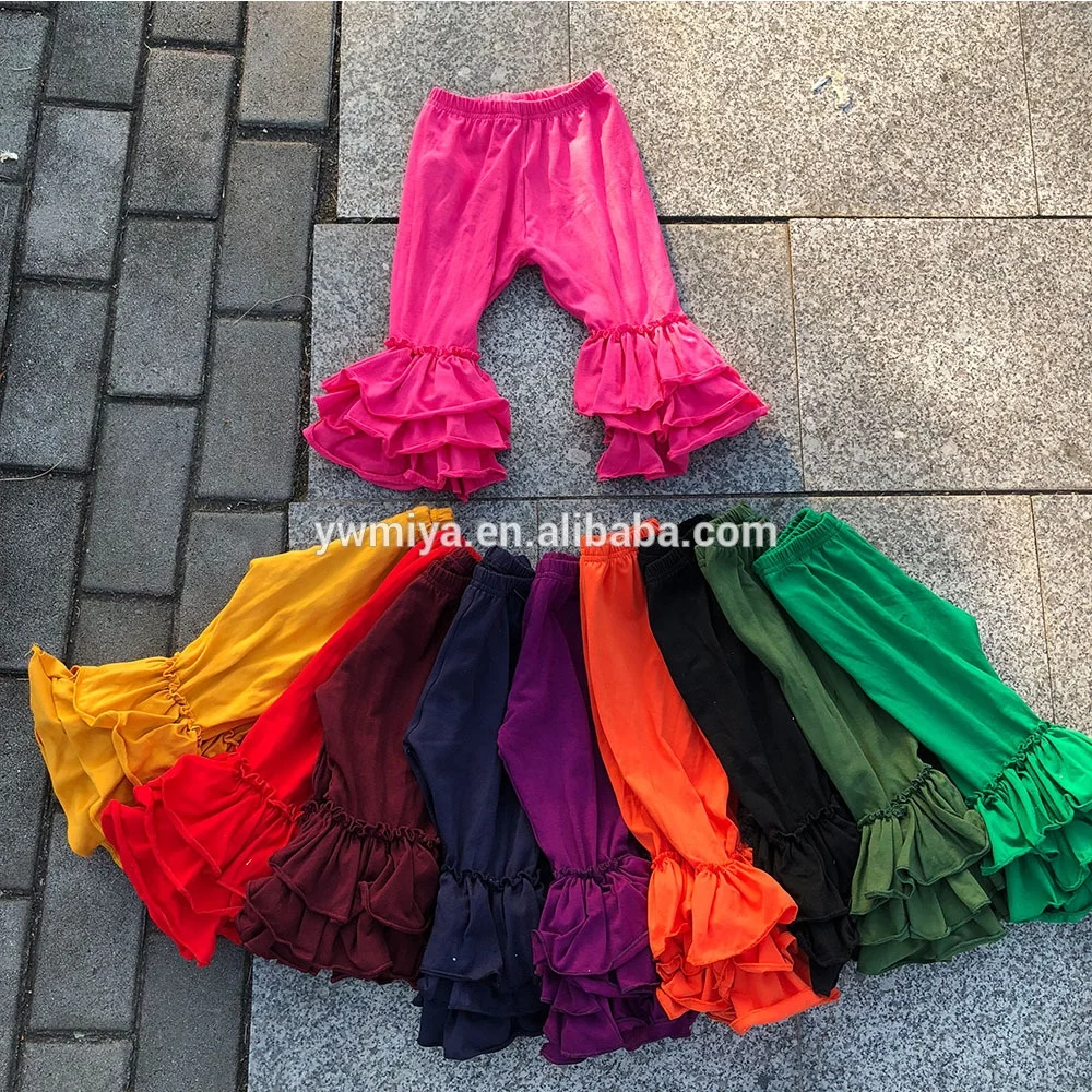 MY-305 hot selling triple ruffle pants for baby girls casual 100% cotton knit long pants multi-colors Toddler boutique