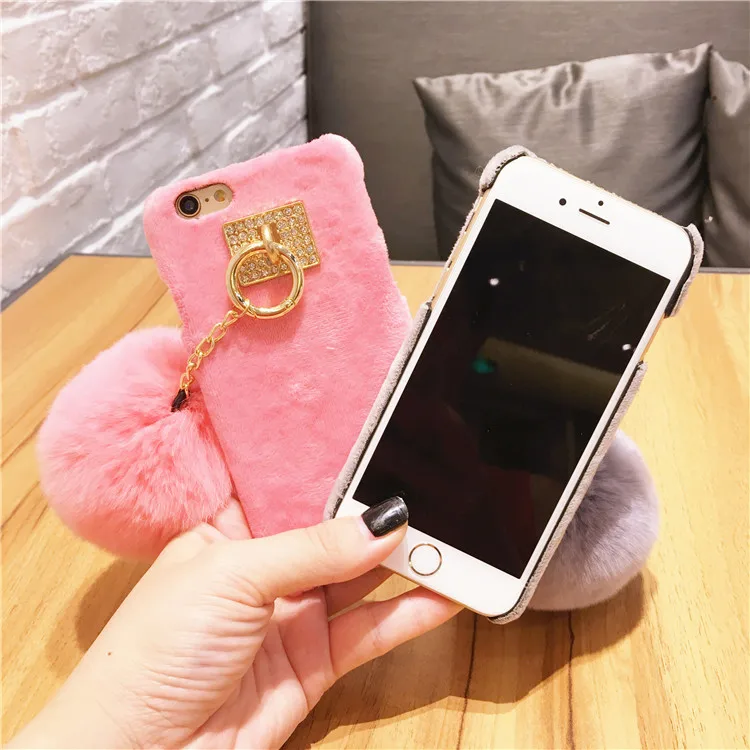 Korea Wram Rabbit Fur Ball Diamond Metal Ring Tassel Case for Iphone 6 6plus 7 7 plus Luxury Plush Hard Pc Cover cases Purple