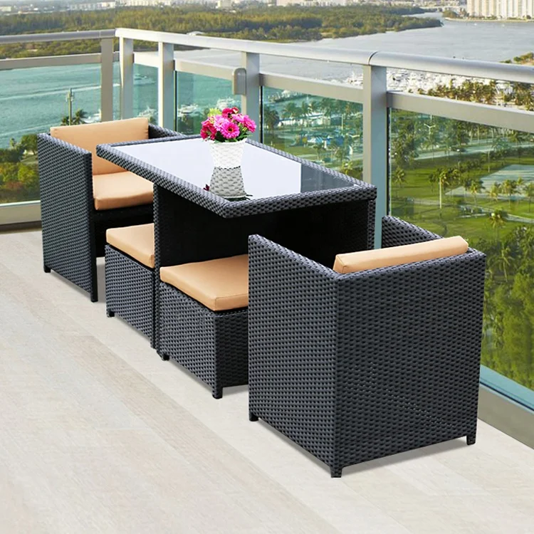 Unique Style Outdoor Wicker Furniture Woven Rattan Cube Dining Table Set Garden