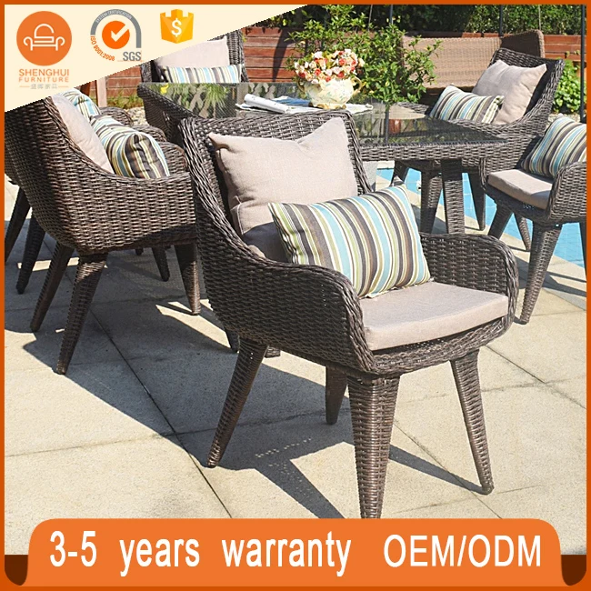 
Luxury Cheapest Space-Saving Outdoor Round Gray Rattan Wicker Dining Table And 6 Chairs Vocation Restaurant Furniture 
