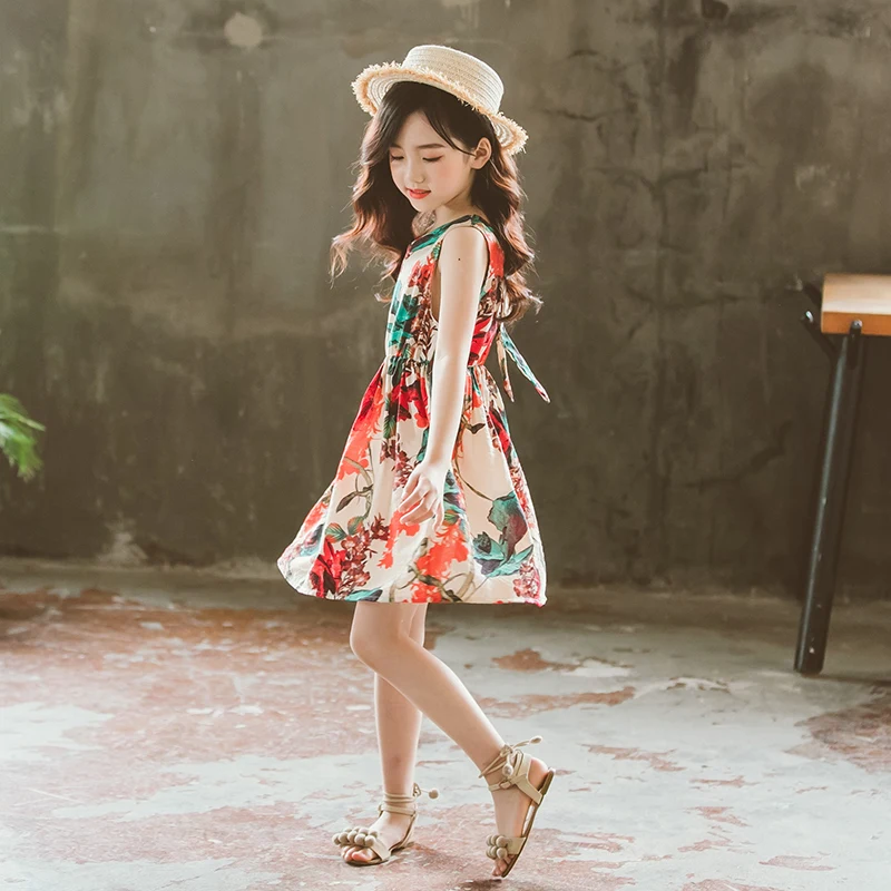 
Boutique lovely flower printed sleeveless summer girls party dresses children outfit kid wear 