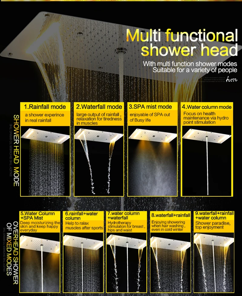 Bathroom Multi-Function Big Rain Shower Faucets head Set Cold and Hot Diverter Mixer Valve With Massage Body Jets