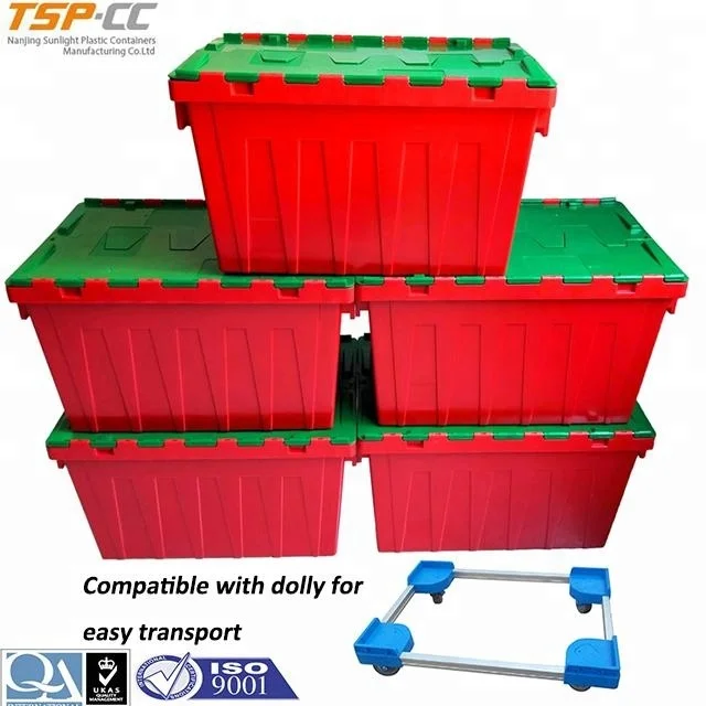 Heavy-duty blue lidded Plastic Container attached lid crate