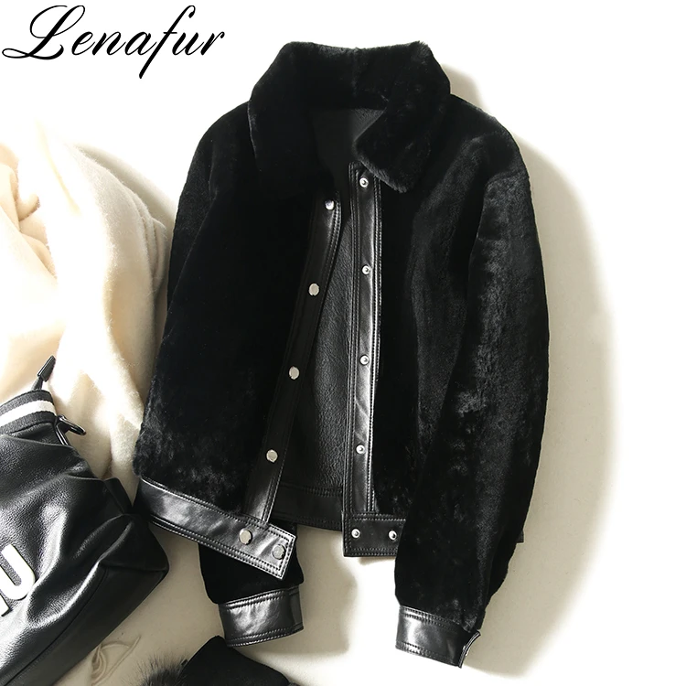 Young Girl Fashion Black Beige Dark Green Lamb Fur Leather Shearling Jacket