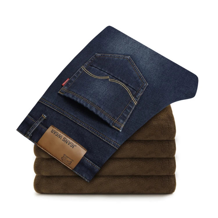 Осенне-зимние мужские эластичные джинсы с ворсом мужская одежда утолщенные плюшевые зимние теплые брюки с поясом прямые облегающие бархатные