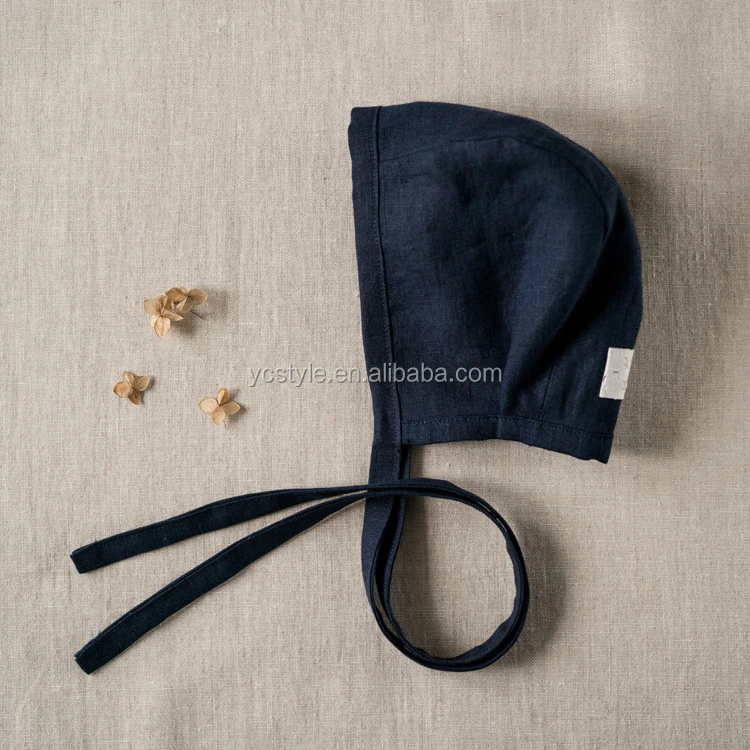 baby boy and girls bonnet ,navy blue natural linen baby hat 0-2T