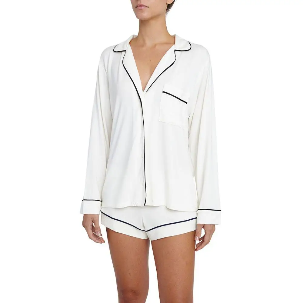 
OEM Button Closure Short Pajamas Satin Long Sleeves Custom Silk Nightwear Pajamas 