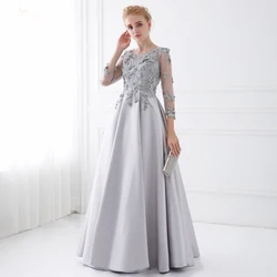 TE018 3D Flowers Beaded Silver Gray Satin Evening Dress Long Sleeve Prom Dress Arabic Evening Dress