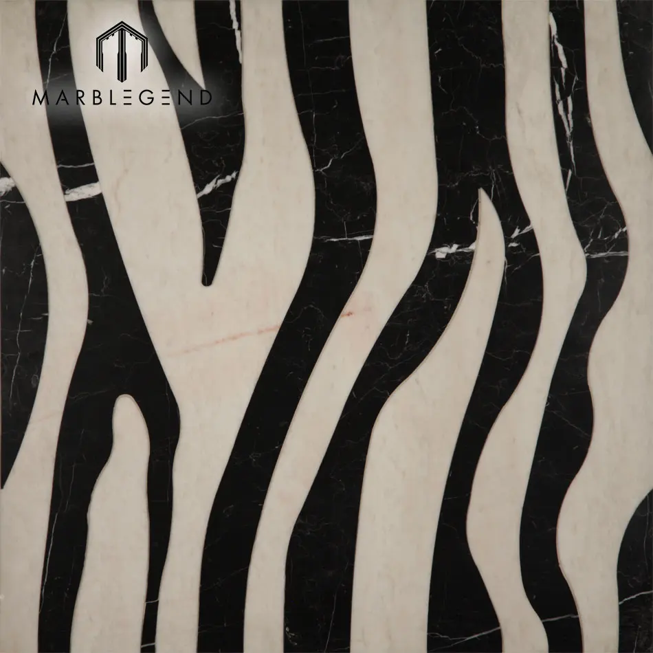 Black and white wave pattern Waterjet laminated Marble inlay Floor Medallion