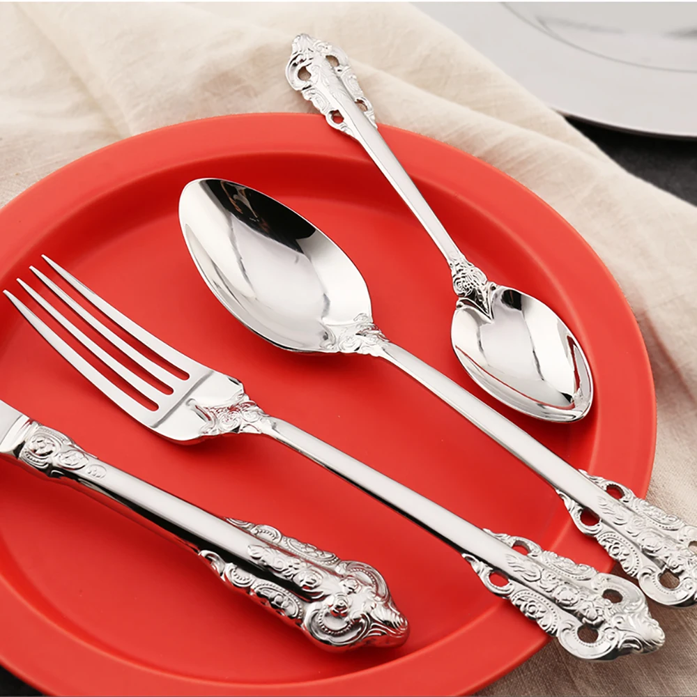 
Dubai Stainless Steel Flatware Knife And Fork Palace Luxury Gold Cutlery Set With Carved Handle 