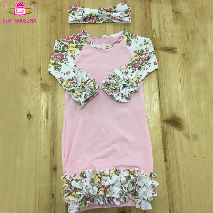 Pictures of latest gowns long sleeves new pattern icing ruffle white floral pink body baby sleeping bags