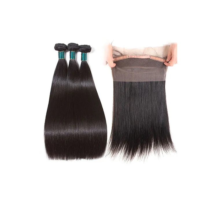 
10A Grade Straight Human Hair 3 Bundles with 360 Lace Frontal Closure Unprocessed Virgin Brazilian Cuticle Aligned Hair 